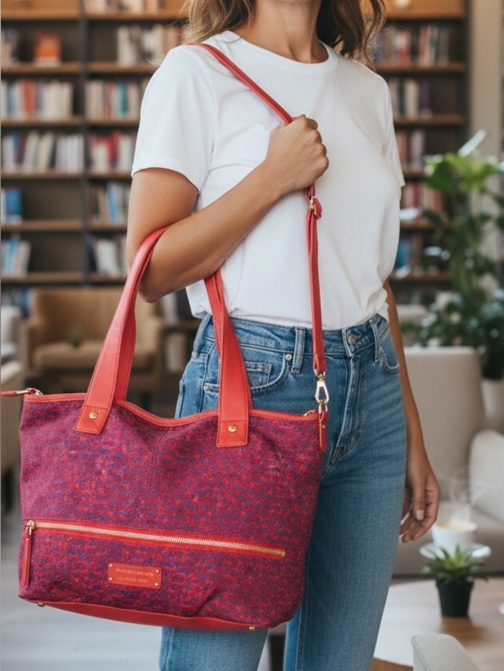 Burberry Blue Label Red Patterned Tote Bag with Coral Trim - Designer Style